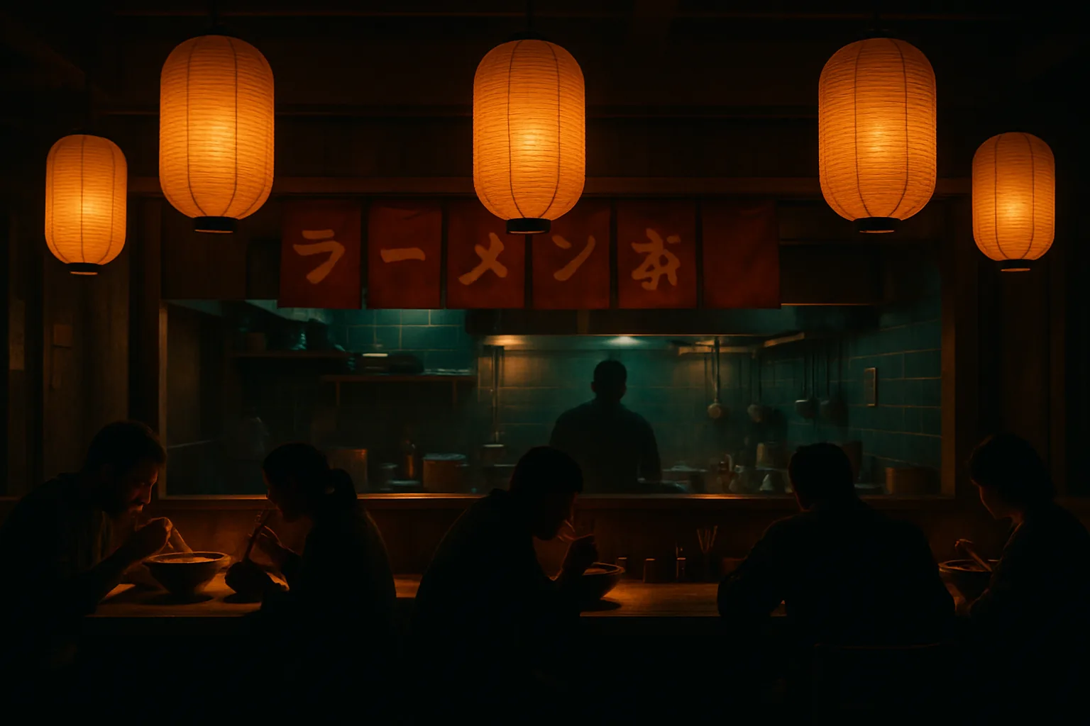 Cozy ramen bar interior at midnight with glowing paper lanterns and patrons dining