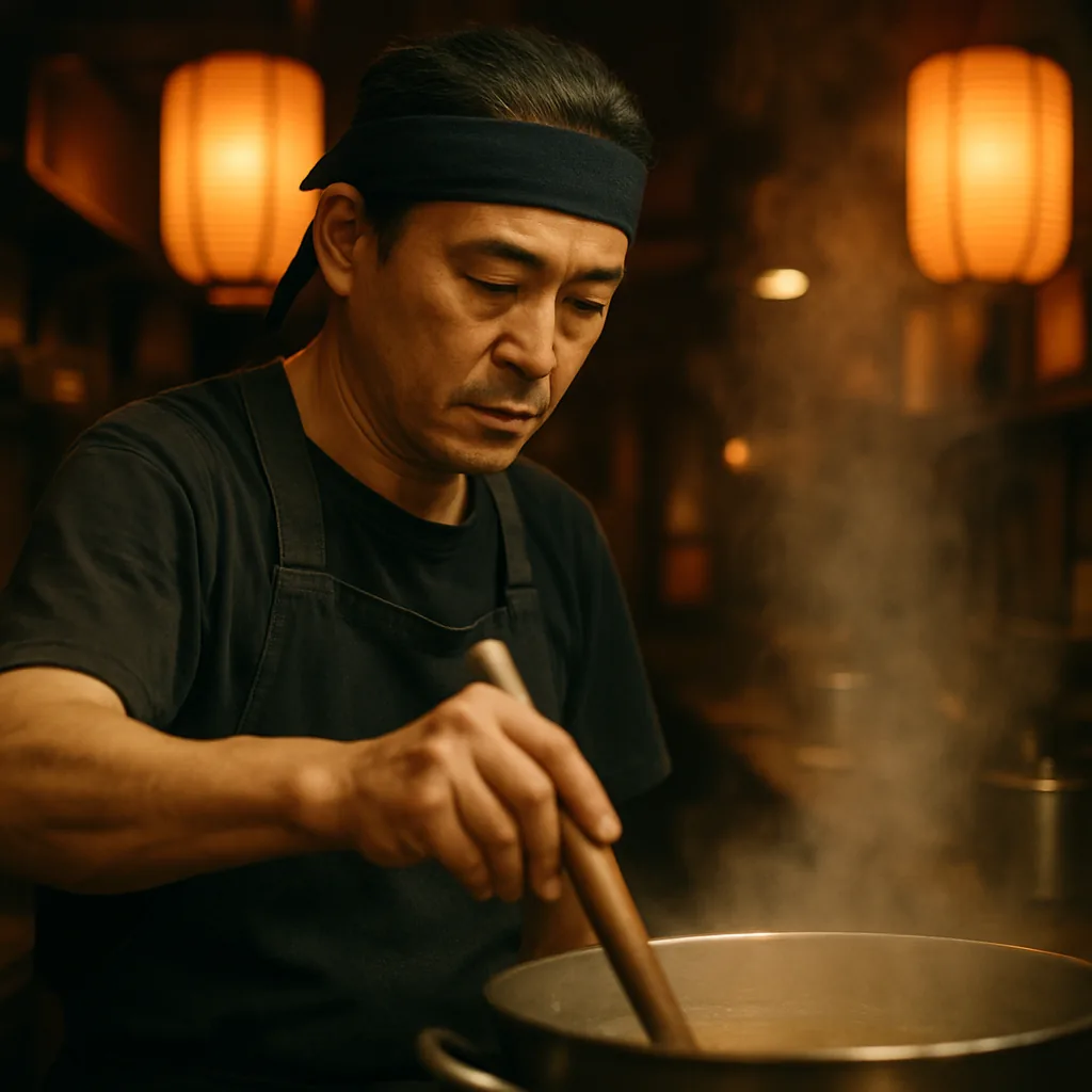 Ramen chef stirring a steaming pot of broth in a warm, lantern-lit kitchen