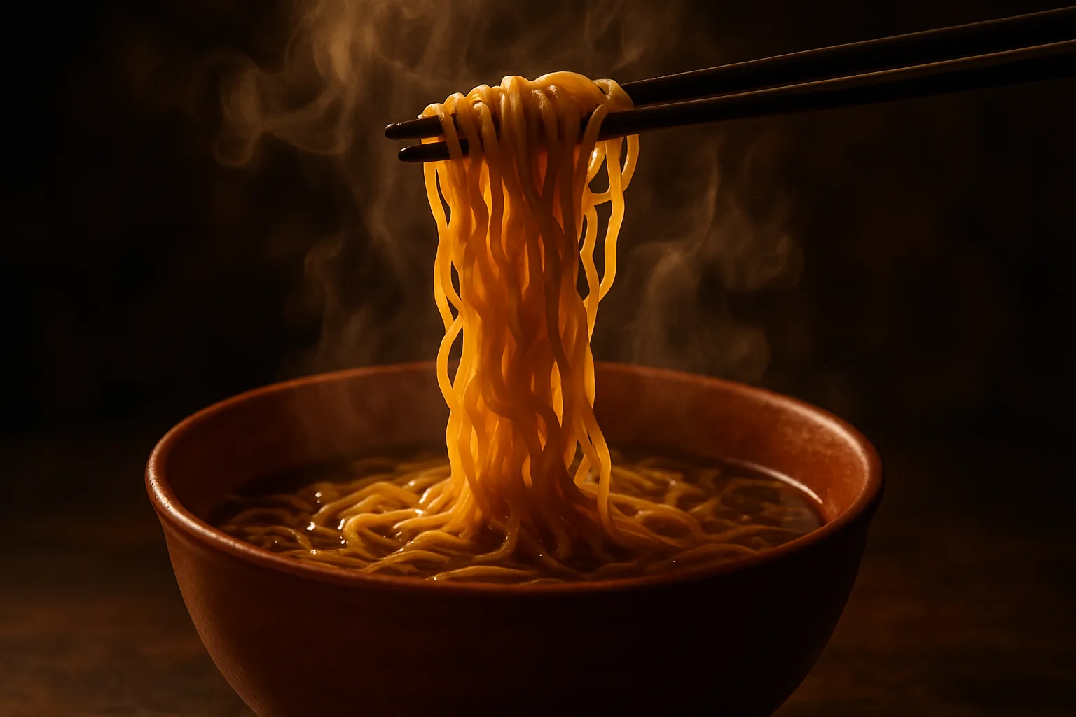 Chopsticks lifting steaming ramen noodles from a glowing bowl of broth